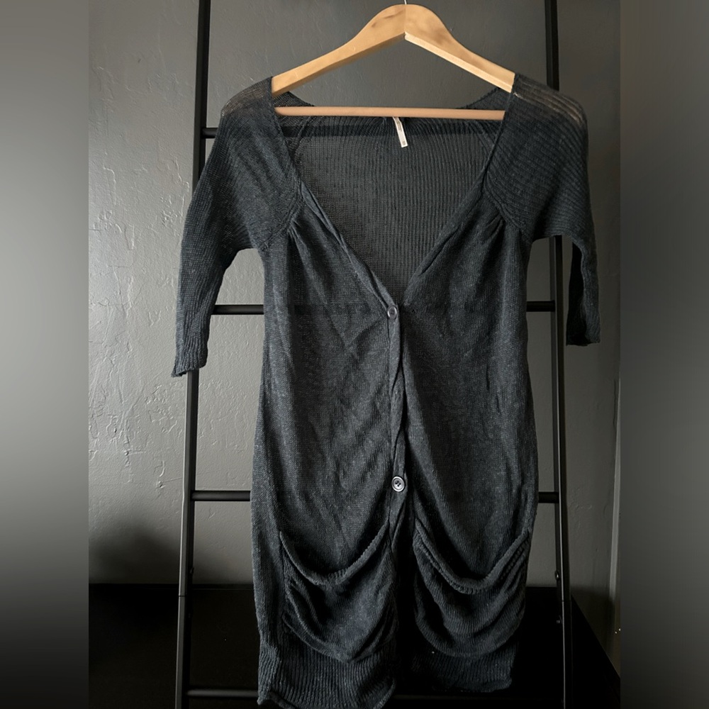 Free people short sleeve delicate knit navy/grey cardigan